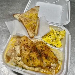 a meal in a styrofoam container