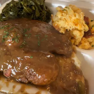 Macaroni and Cheese Collard Greens Smothered Pork Chops Barely Mashed Potatoes