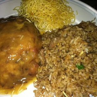 My dinner as I&apos;m ready to eat my take out at home. Ham Egg Foo Young, Beef Fried Rice, and perfect Pan Fried Noodles. All good!!