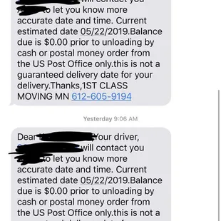 Text message of original delivery estimate and contact (who I didn't ever hear from until Thursday)