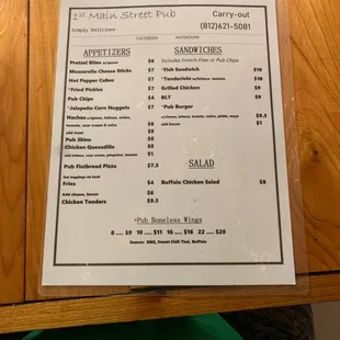 a menu on a table