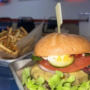 1st Place American, Classic Steak Cheese Burger and fries