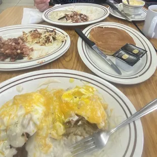 Cowboy Benedict w/ Hash Brown. Country Benedict w/ cheesy Grits. Corn Beef Hash(side) and Pancake.