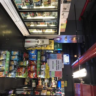 shelves of beverages and snacks