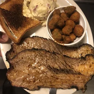 Fried Okra, potato salad and brisket