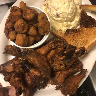 Fried Okra, potato salad and wings