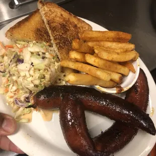 Our sausage links, French Fries and cole slaw!