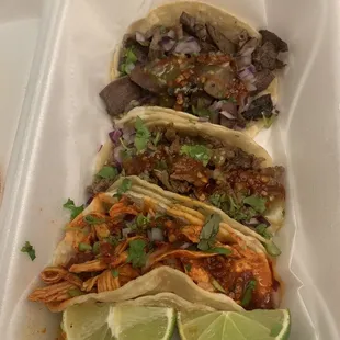 Tacos: chicken, asada, tongue