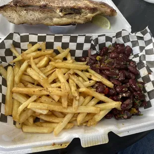 French fries and fantastic beans that came with the Pork Chop.