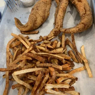 Catfish basket, fries, slaw.   There were hush puppies but someone at them first thing