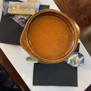 a bowl of soup on a table