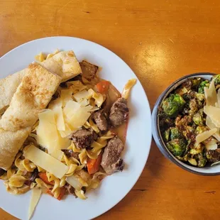 Beef stroganoff and brussel sprouts