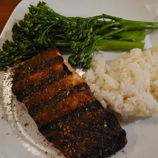 Blackened salmon with rice and broccolini. Yum!