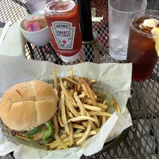 Jacked-Up Pepper Burger with greasy House Cut Fries.