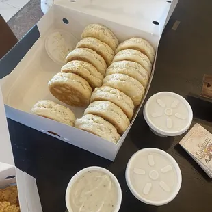 Rolls... biscuits, really, and gravy sides to the fried chicken.