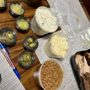 Baked Beans, Creamy Coleslaw, Mac N Cheese, Green Beans, Loaded Baked Potato Salad