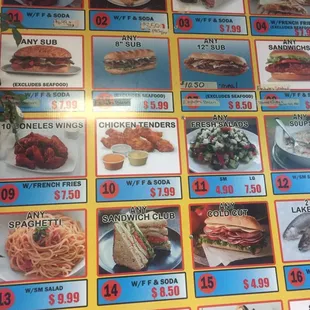 a menu for a variety of food items