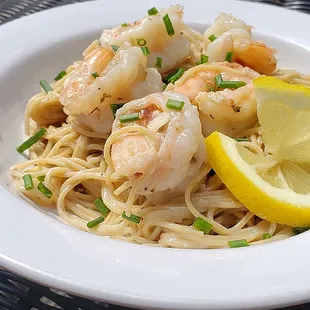Shrimp Alfredo over Whole Wheat Angel Hair Pasta