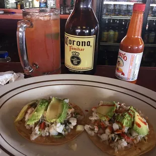 Fish and shrimp ceviche and a michelada!!