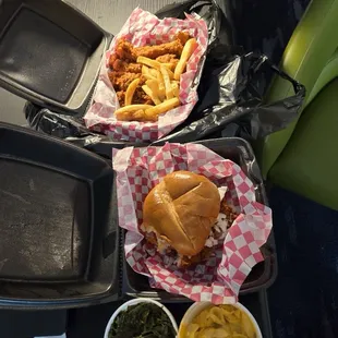 Spicy chicken sandwich and chicken tenders, Mac &amp; cheese, collard greens and fries.