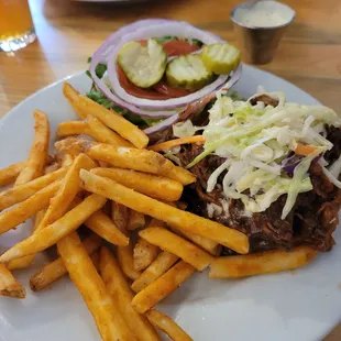 Barbecued pulled pork with fries