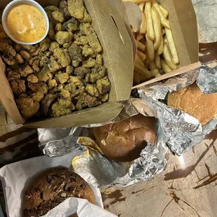 Fried mushrooms, bass burger, fries, pecan chocolate chip cookies, one of the black bean burgers