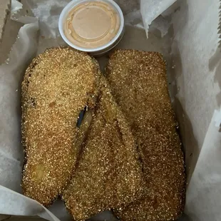 Fried egg plant, tastes like fried fish. Delicious.