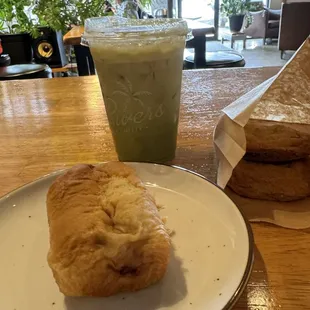 Sausage kolache, gluten-free chocolate chip cookies, iced cold foam matcha with soy milk