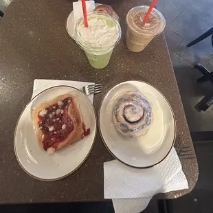 Strawberry cream cheese kolache  Cinnamon roll  Matcha  Latte