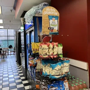 a display of chips and snacks