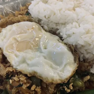 Pad kra mao with fried egg and jasmin rice