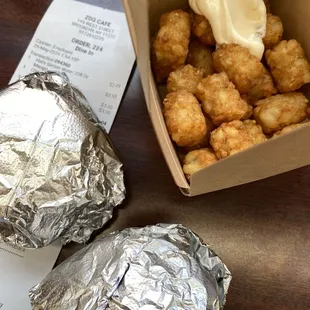 Cheeseburger slide, tuna melt slide and toter tots.