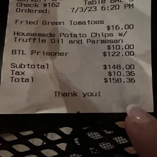 Receipt for burnt chips and hot wine.