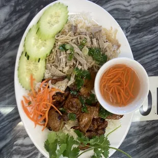 Rice plate with grilled pork and shredded pork