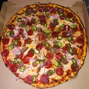Pepperoni, Sausage, Onions, Fresh Jalapeño