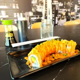 Girlfriend Roll (Salmon &amp; Avocado Roll topped with Salmon, Crunch, Masago, Scallion, Spicy Mayo)