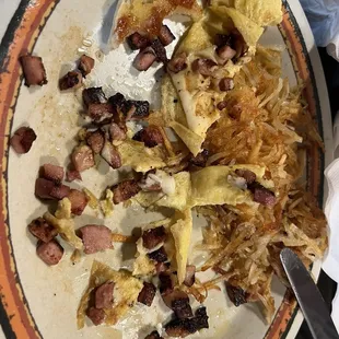 Burnt Ham and cheese omelette.