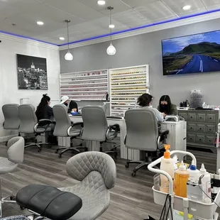 Inside the salon, mood lighting