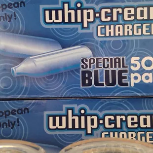 Whip it cream chargers available in 24 and 50 count. Special blue, best whip &amp; naughty whip