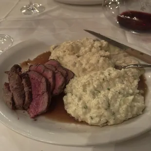 Filet Mignon, Brandy Peppercorn Glaze, risotto, garlic mashed potatoes