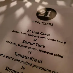 a menu for appetizers