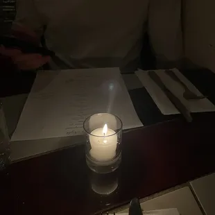 a lit candle on a table