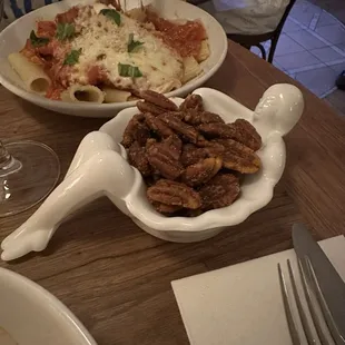 Spiced nuts and chicken Parmesan