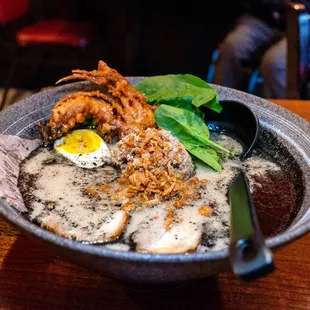 black garlic ramen w/half soft shell crab