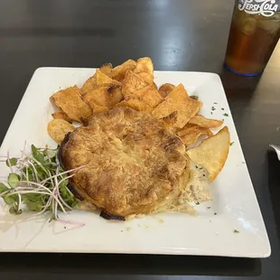 Chicken Pot Pie from Strong Arm Bakery with house chips