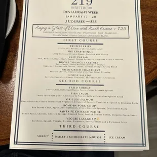 Restaurant Week menu