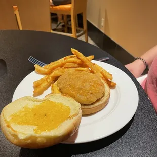 Food took a while to come to the table. This is their fried chicken sandwich. Looks like it came out of an elementary school cafeteria.