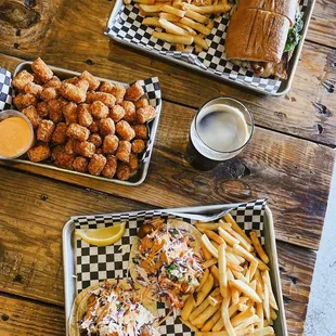 Turkey BLT sandwich, tater tots, Baja fish tacos