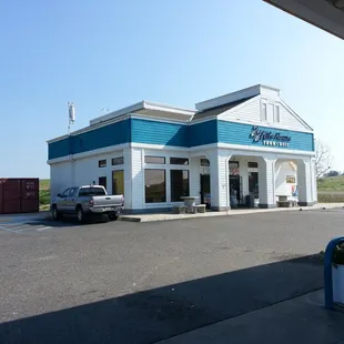 a blue and white building