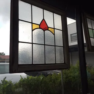 Stained glass frames in the windows.
